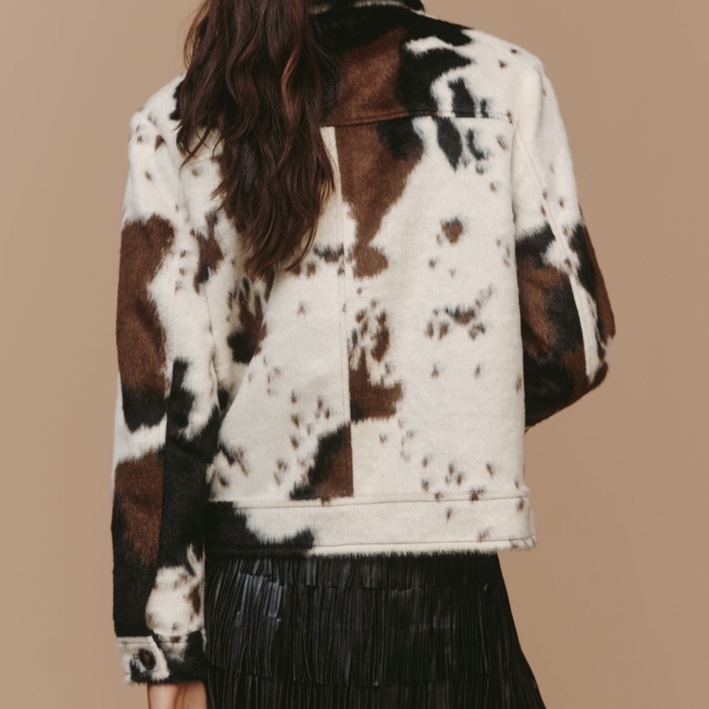 Bernardo Women's Black and Brown Patterned Faux Fur Jacket Cow Print - Picture 7 of 7
